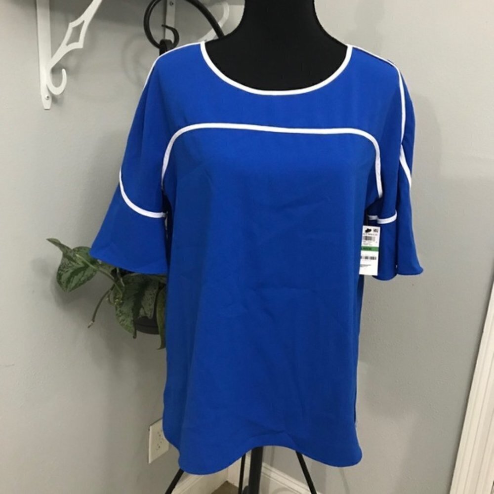 Alfani Royal Blue Textured Blouse Piped Flutter size Large new with tags#4 - Picture 2 of 8